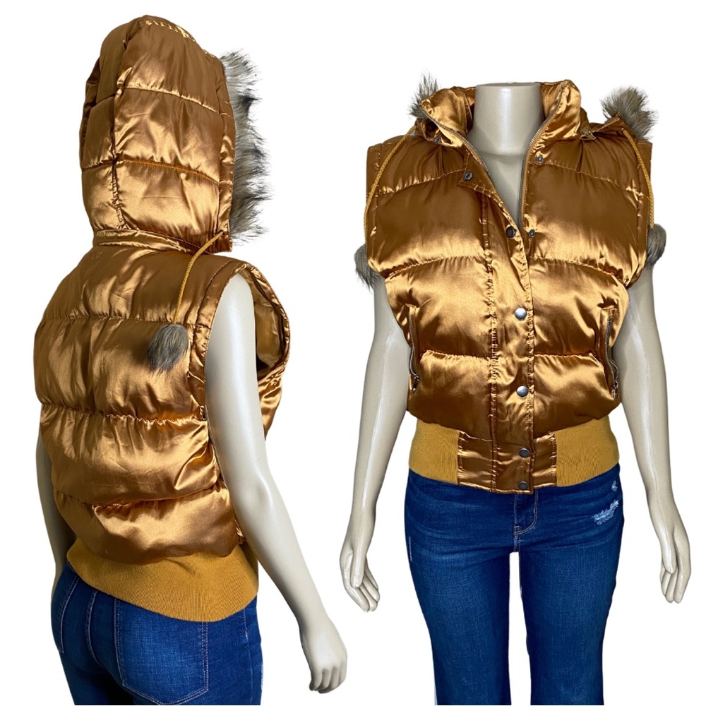 Copper Metallic 90s Y2K Utility Cabin Core Hooded Puff Vest Jacket Streetwear